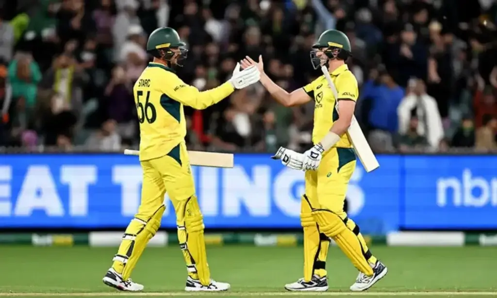 Pat Cummins celebrates after hitting the winning run